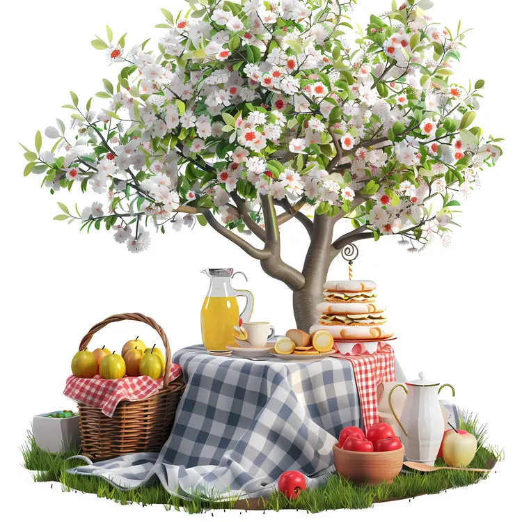 Spring Picnic Setup with Basket and Tree
