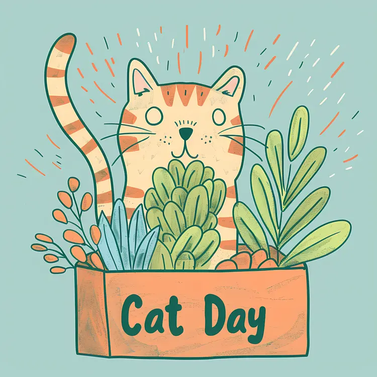 Cute Cat in a Box with Plants for Cat Day