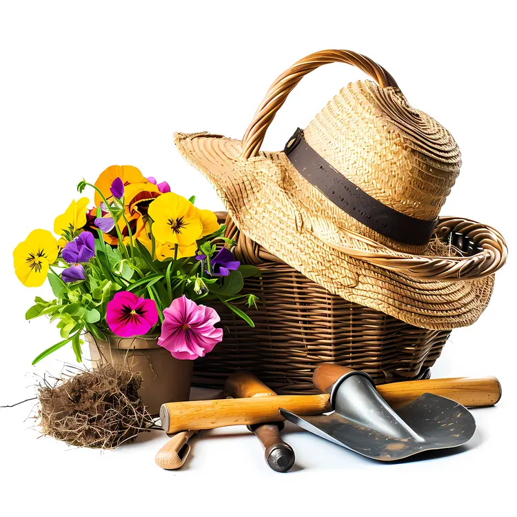 Gardening Tools and Flowers with Straw Hat
