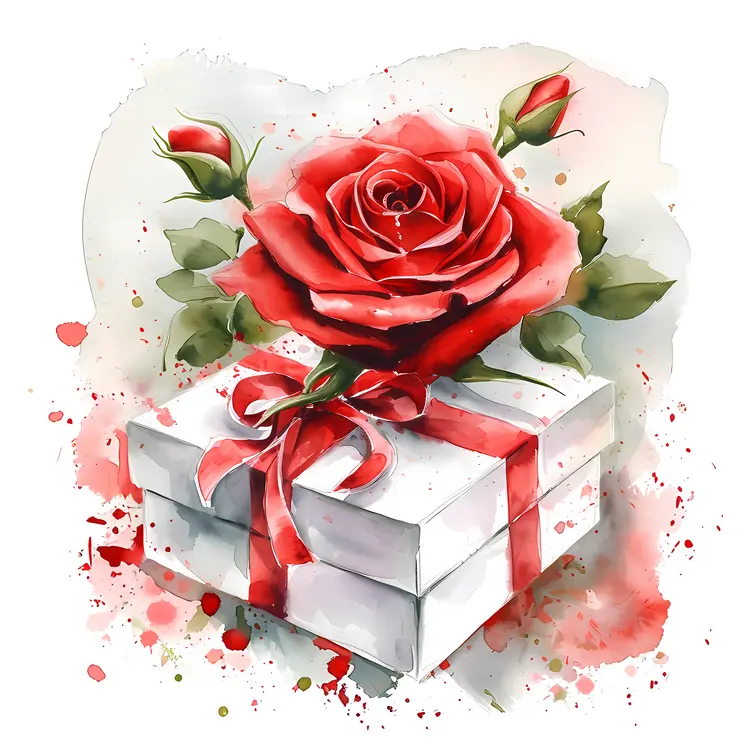 Gift Box with Red Rose and Ribbon