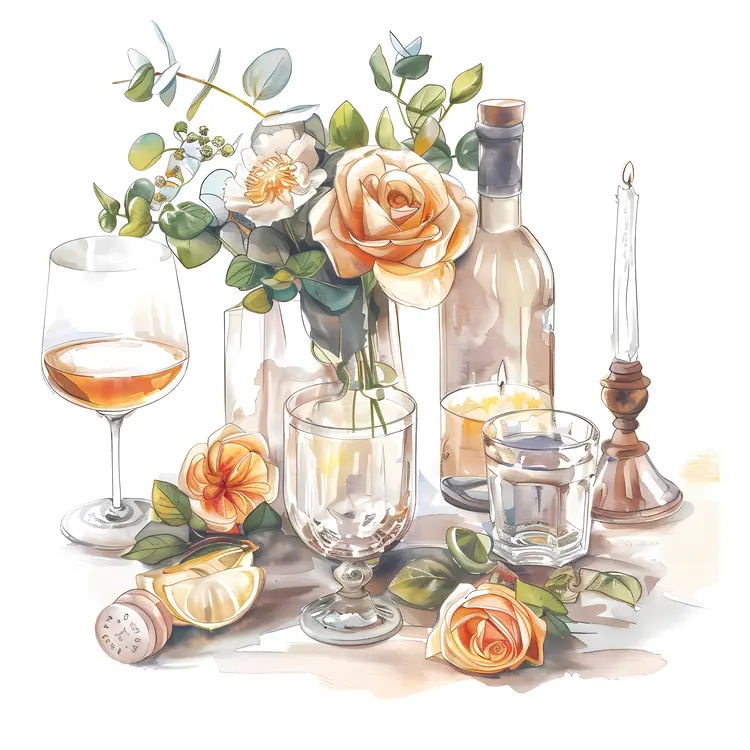 Orange Roses and Wine in Still Life