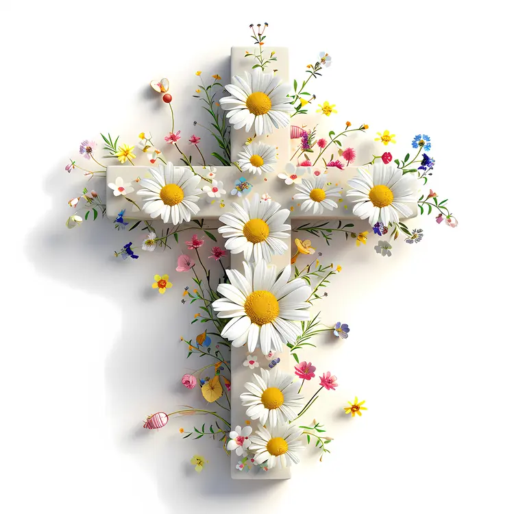 Cross with Daisies and Green Leaves