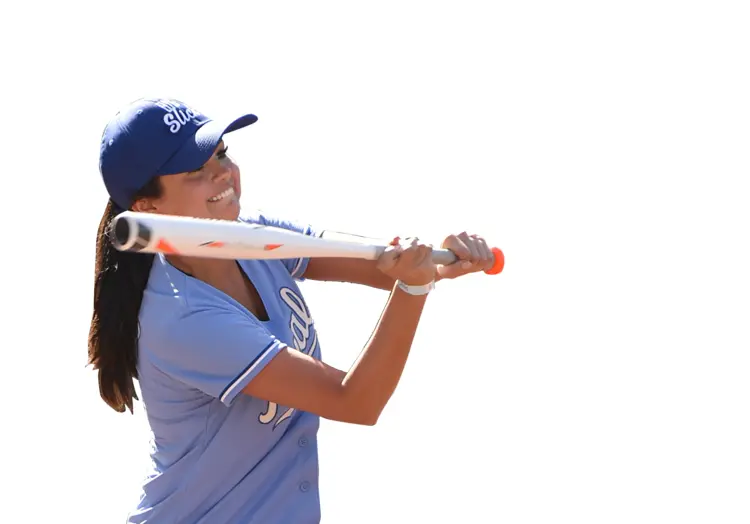 Woman Playing Baseball in Blue Jersey