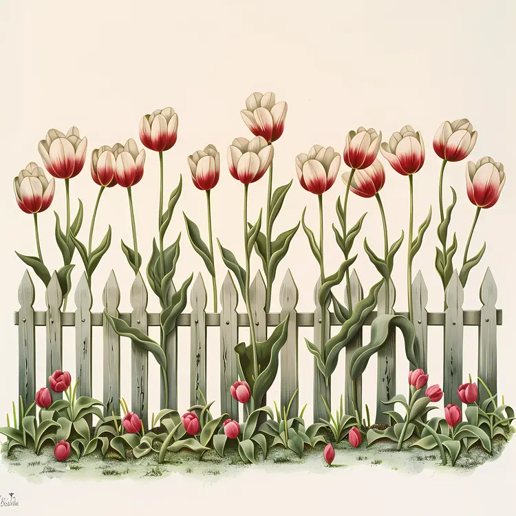 Pink and White Tulips by a Fence