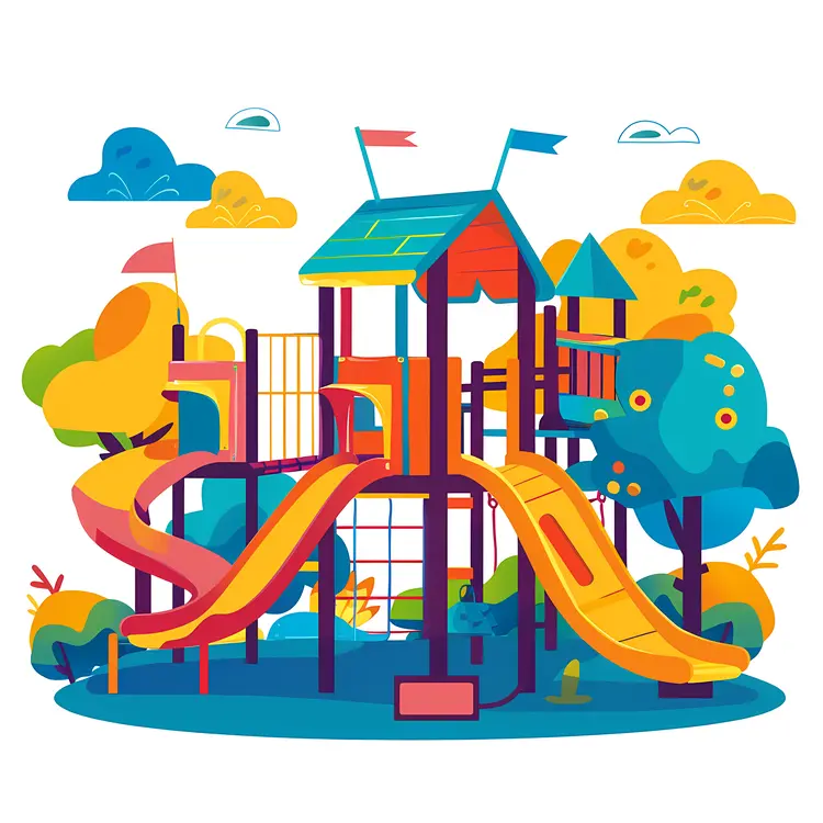 Colorful Playground with Slides and Trees