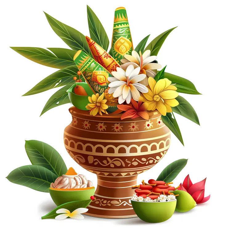 Traditional Pot with Flowers and Food Decorative Arrangement