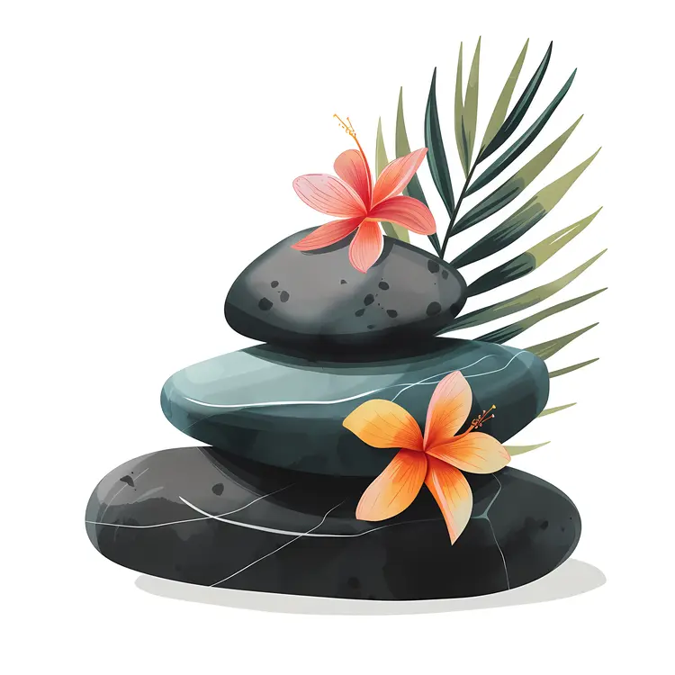 Zen Stacked Stones with Pink Flowers and Leaves