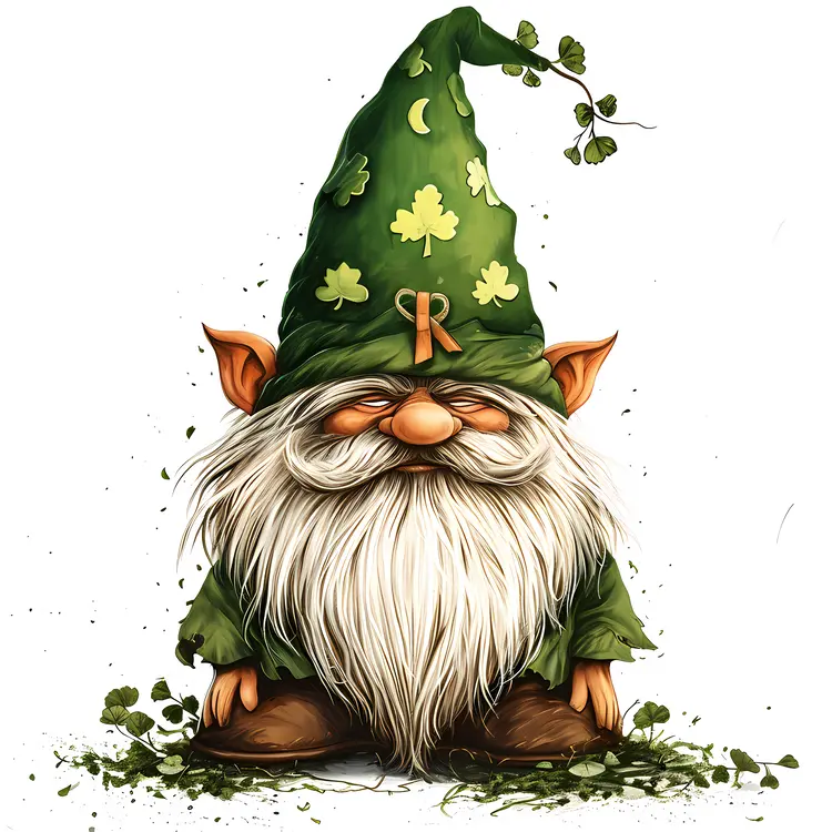 Green Gnome with Long Beard and Shamrock Hat