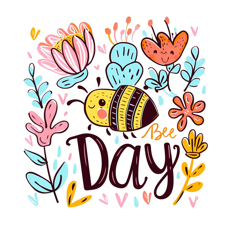 Colorful Bee Day Doodle with Flowers