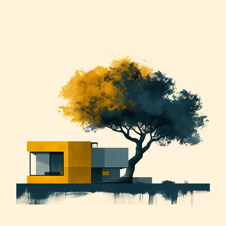 Modern House with Tree and Yellow Leaves