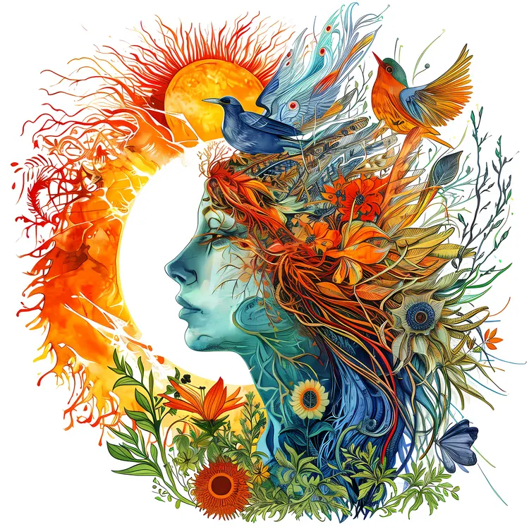 Colorful Nature Art with Sun and Birds