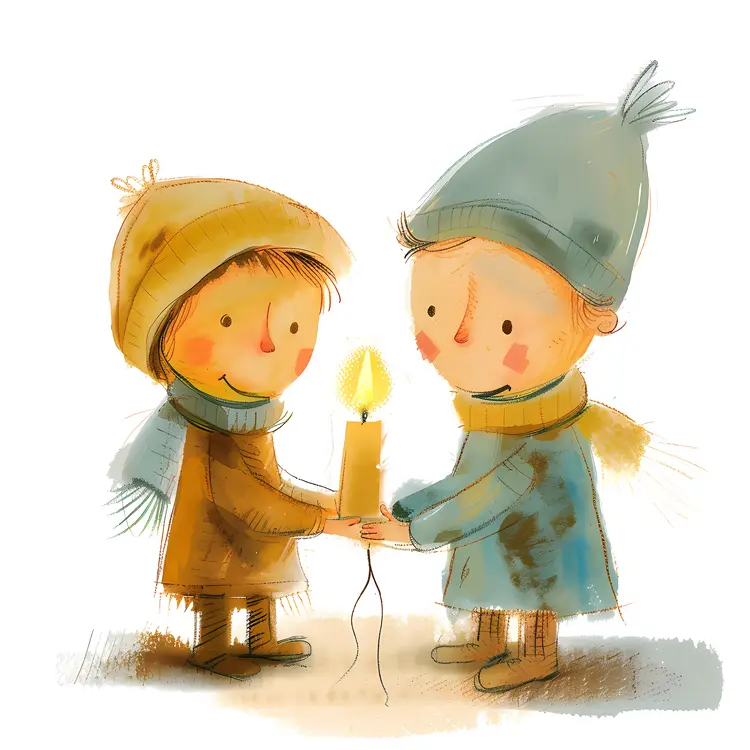Two Children Sharing a Candle in Winter Clothes