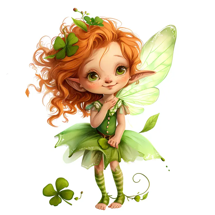 Red-haired Green Fairy with Clover and Wings