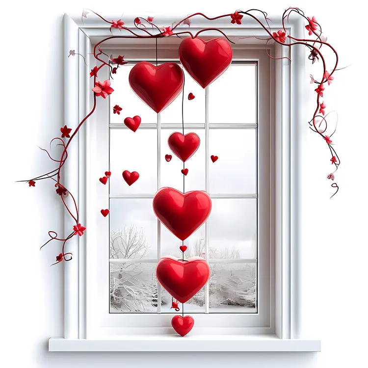 Red Hearts Hanging in Window