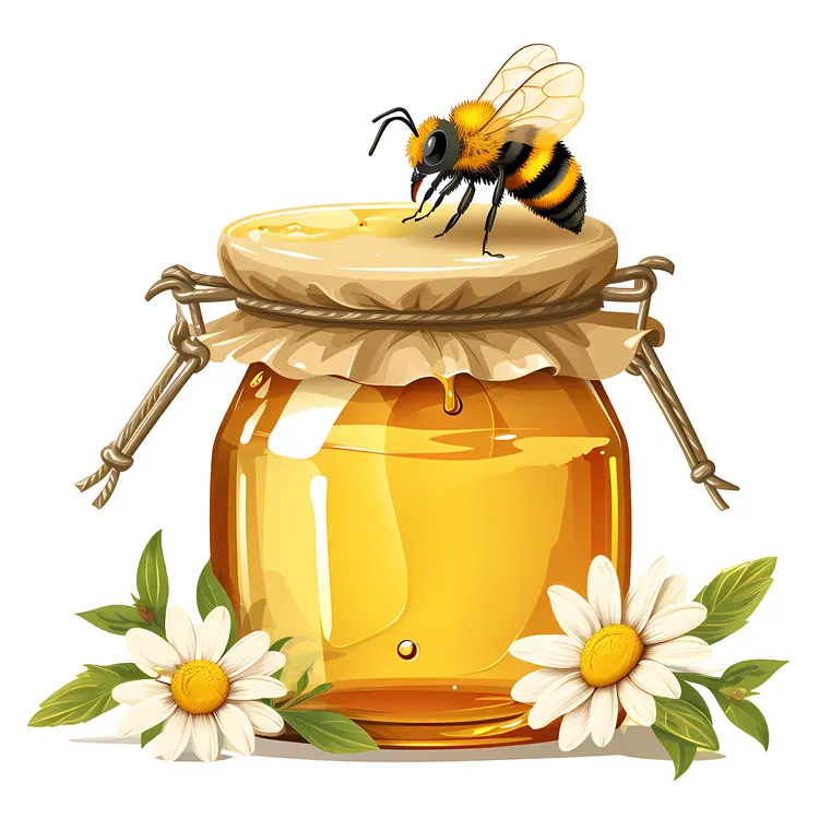 Golden Honey Jar with Bee and Flowers