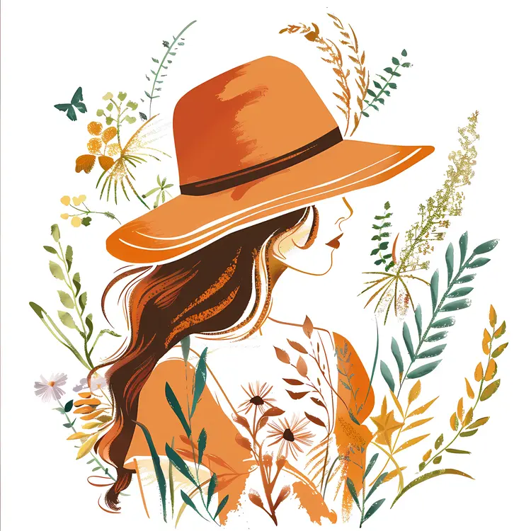 Woman with Hat in Floral Illustration