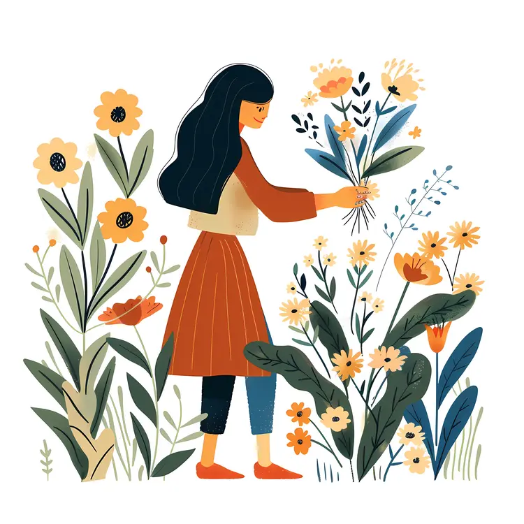 Woman Picking Flowers in Garden