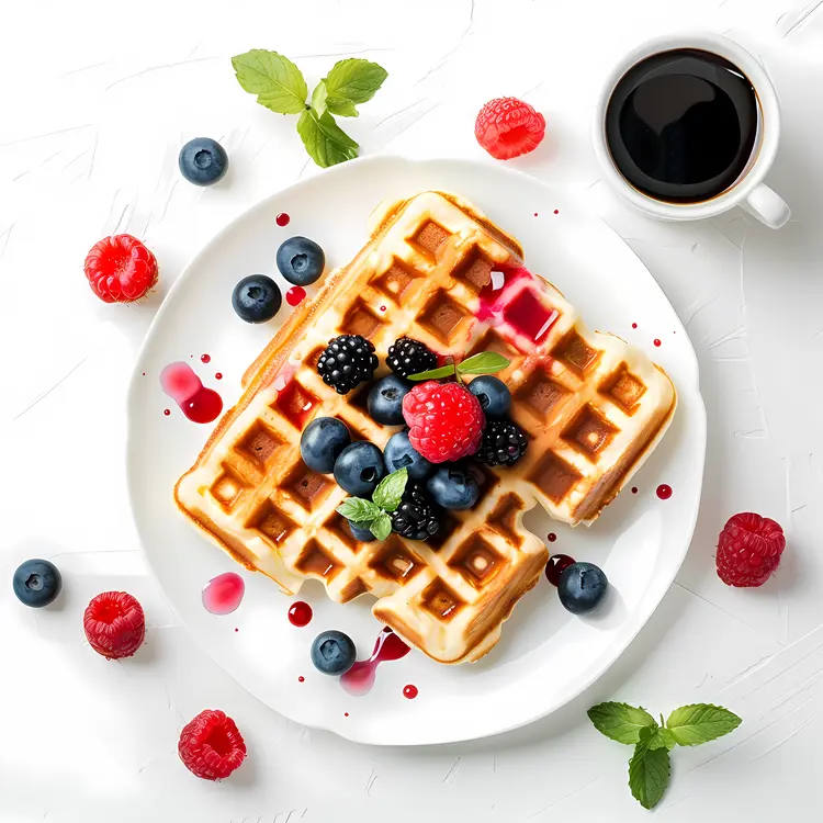 Waffle with Fresh Berries and a Cup of Coffee