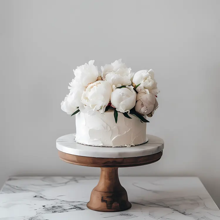 White Flower Cake on a Wooden Stand