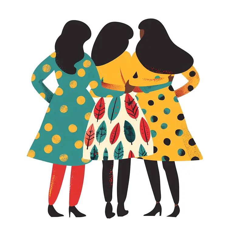 Three Women in Colorful Dresses