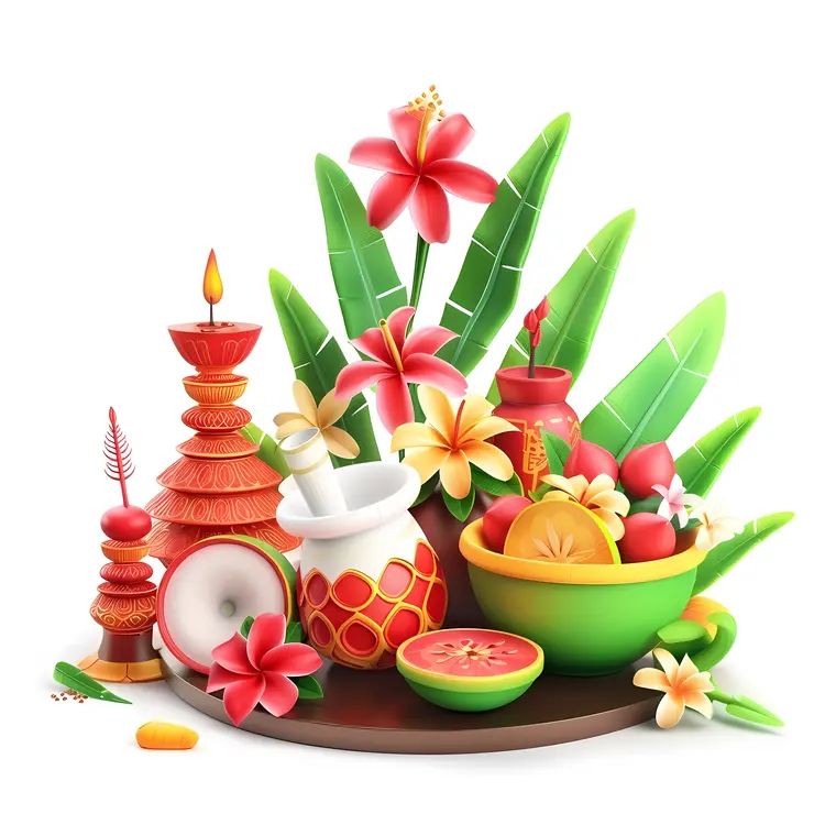 Colorful Flowers and Fruits Decorative Arrangement