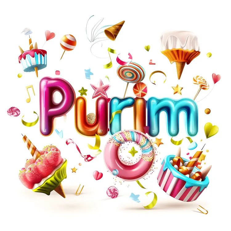 Colorful Purim Celebration Text with Sweets