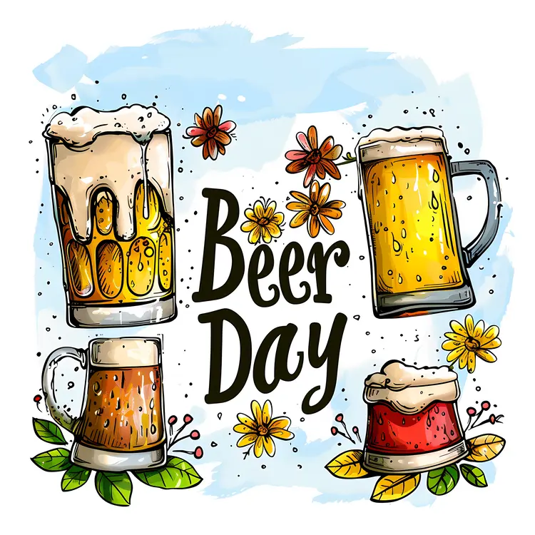 Beer Day Celebration with Mugs and Flowers