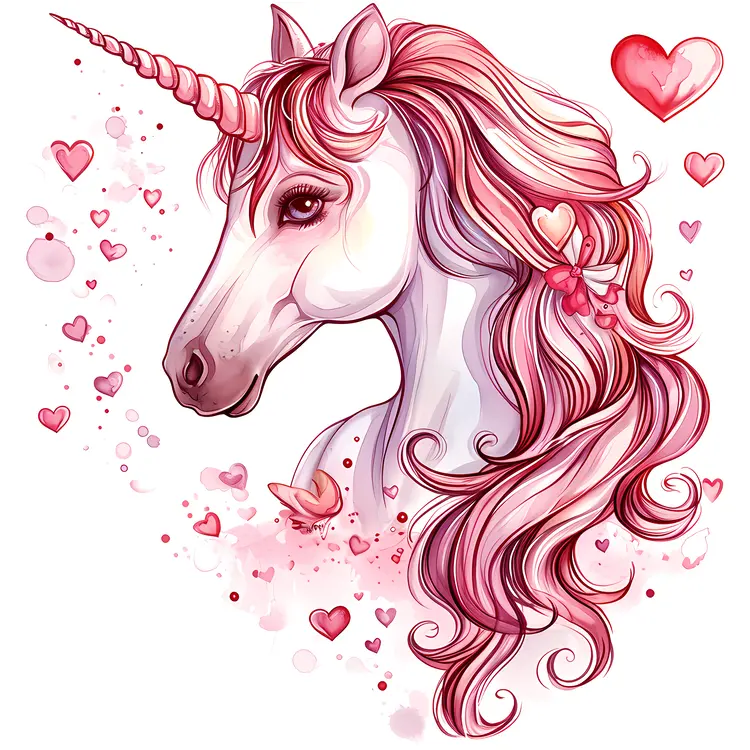 Unicorn with Pink Mane and Hearts