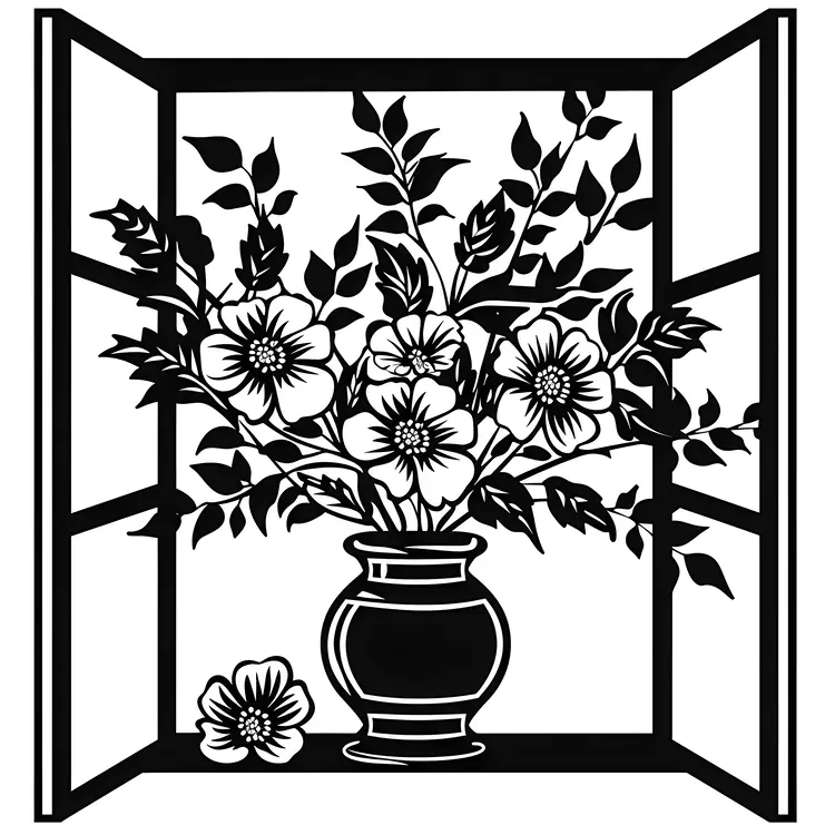 Black and White Flower Vase with Flowers by the Window