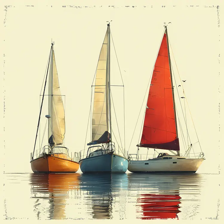Trio of Sailboats with Vibrant Sails