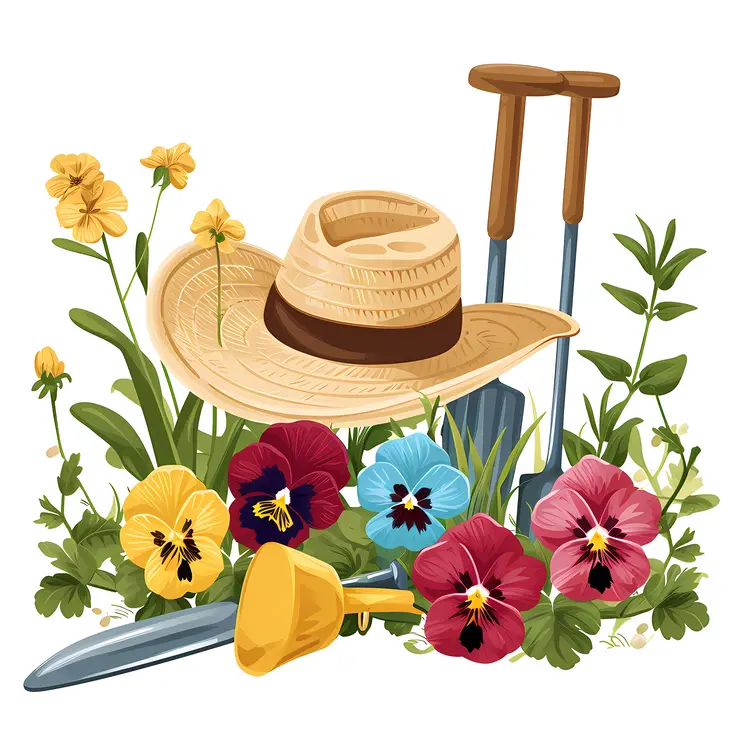 Straw Hat and Colorful Flowers with Gardening Tools