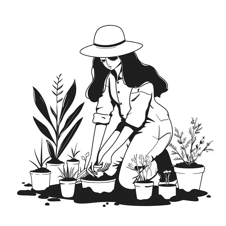 Black and White Gardener Planting in Pots