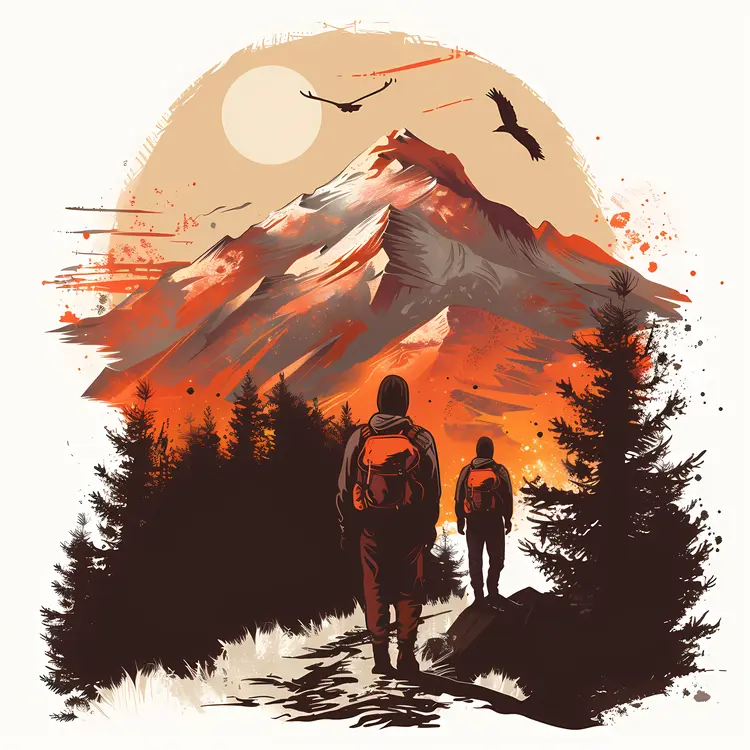 Hikers on Mountain Path at Sunset