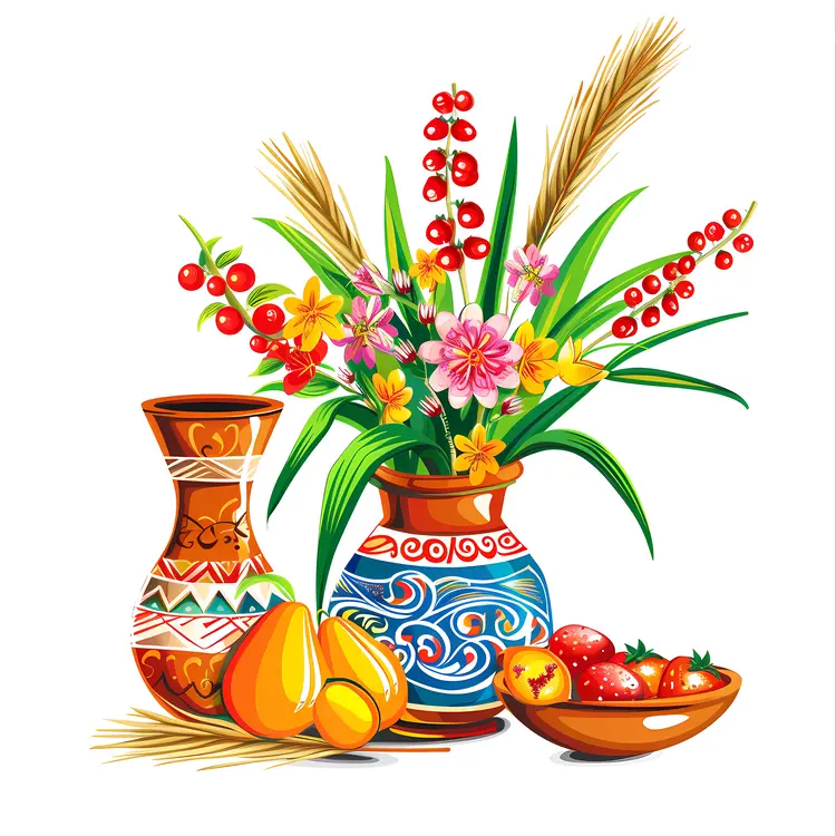 Colorful Vases with Flowers and Fruits