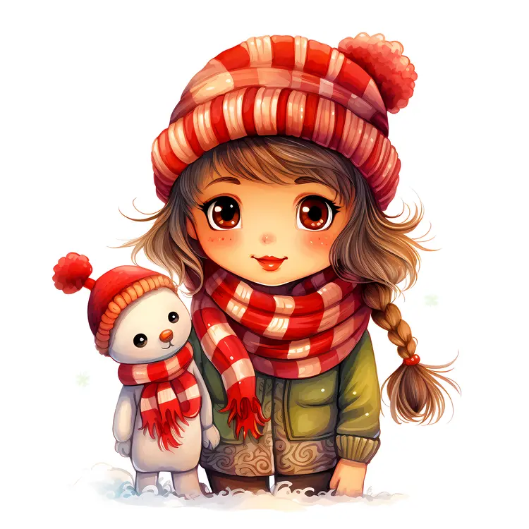 Girl with Red Hat and Snowman