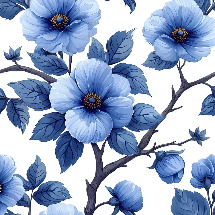 Blue Flowers on Branch with Leaves