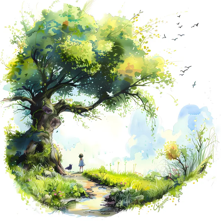 Child Standing by a Tree and Stream
