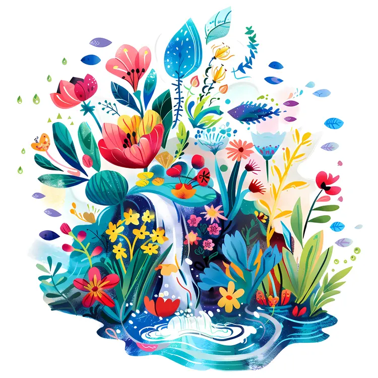 Colorful Waterfall with Flowers Illustration