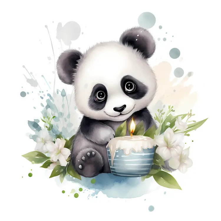 Adorable Panda with Candle and Flowers