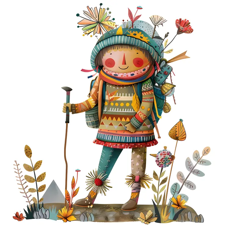 Cute Cartoon Hiker with Backpack and Walking Stick