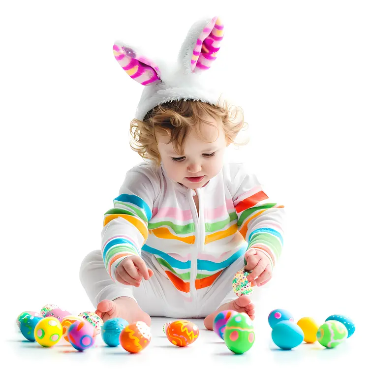 Cute Baby in White Bunny Costume with Colorful Eggs