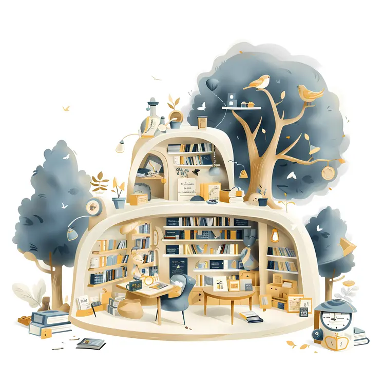 Cute House with Bookshelves and Trees