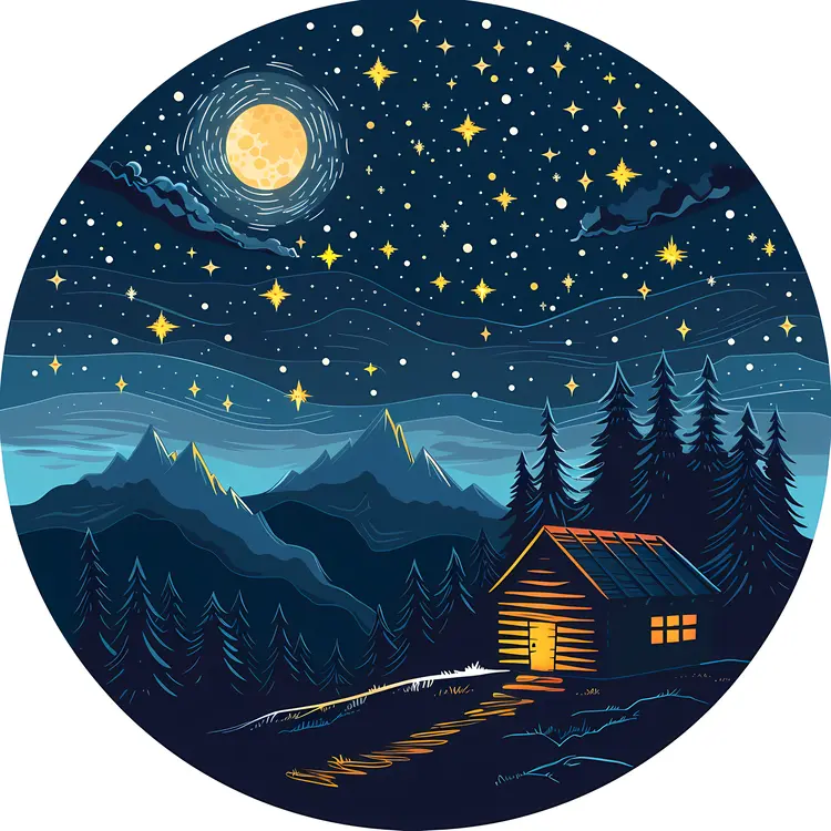 Night Sky with Moon and Cabin