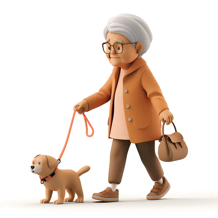 Elderly Woman Walking Dog in Cartoon Style