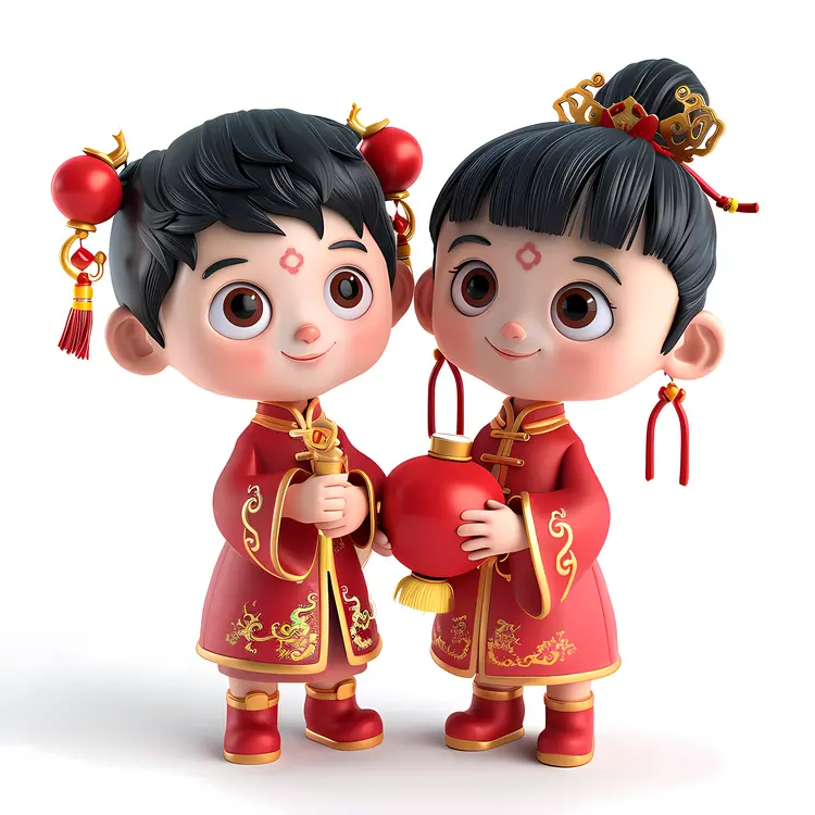 Cute Children in Traditional Attire Celebrating Chinese New Year