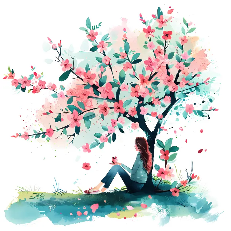 Girl Relaxing under a Blossoming Tree