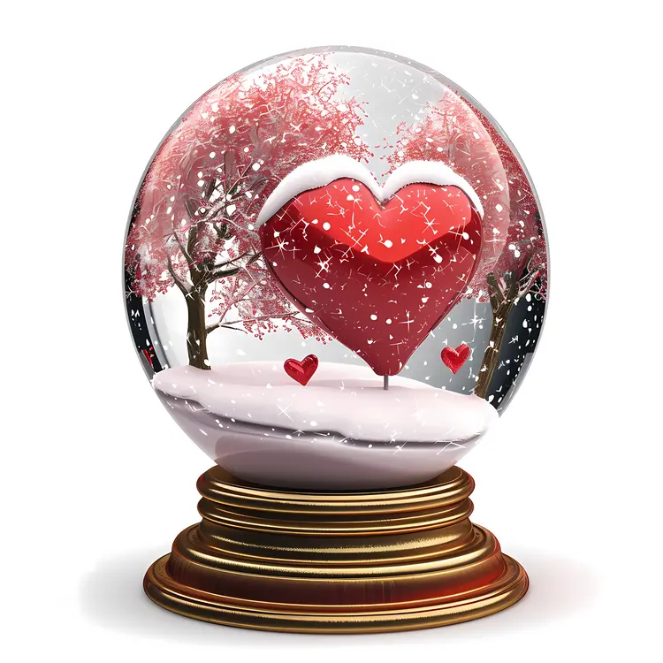 Red Heart in Snow Globe with Trees
