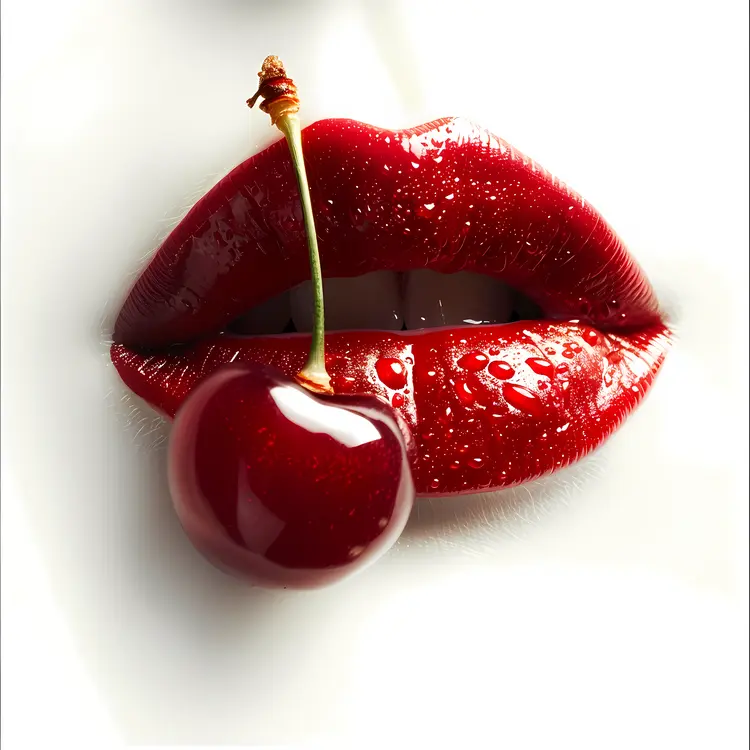 Glossy Red Lips with a Single Cherry