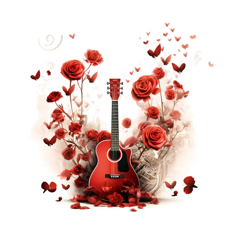 Guitar with Red Roses and Butterflies