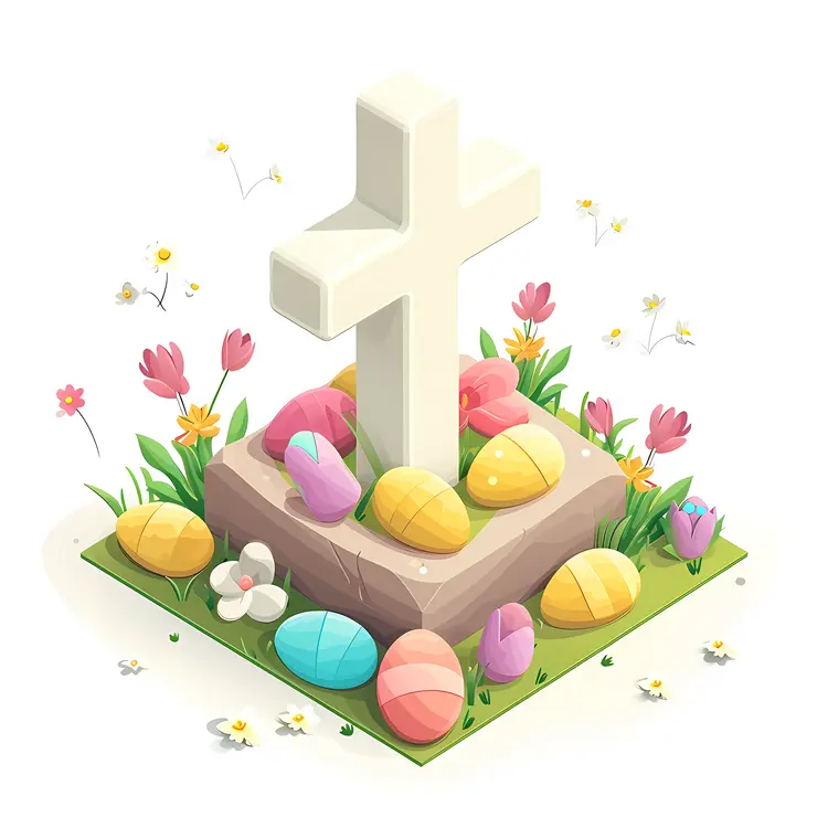 Decorated Cross with Easter Eggs and Flowers